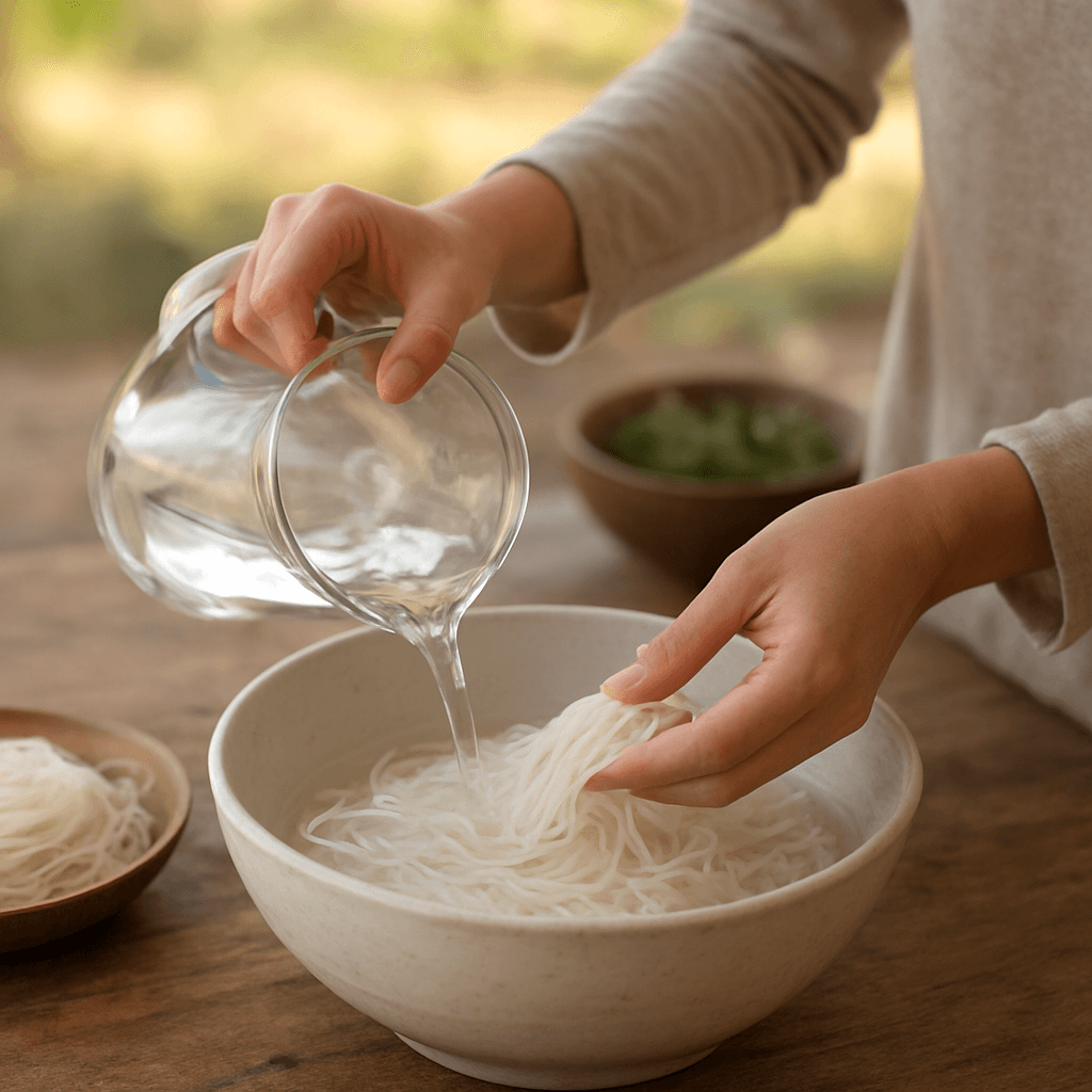 Réhydrater des nouilles de riz sans les casser : la méthode