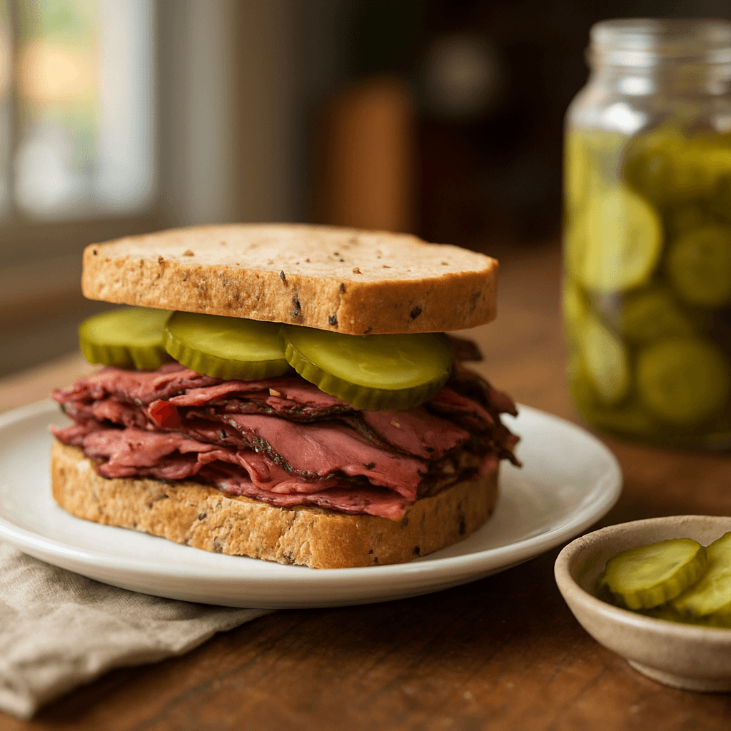 Sandwich pastrami new-yorkais : rye, pickles maison