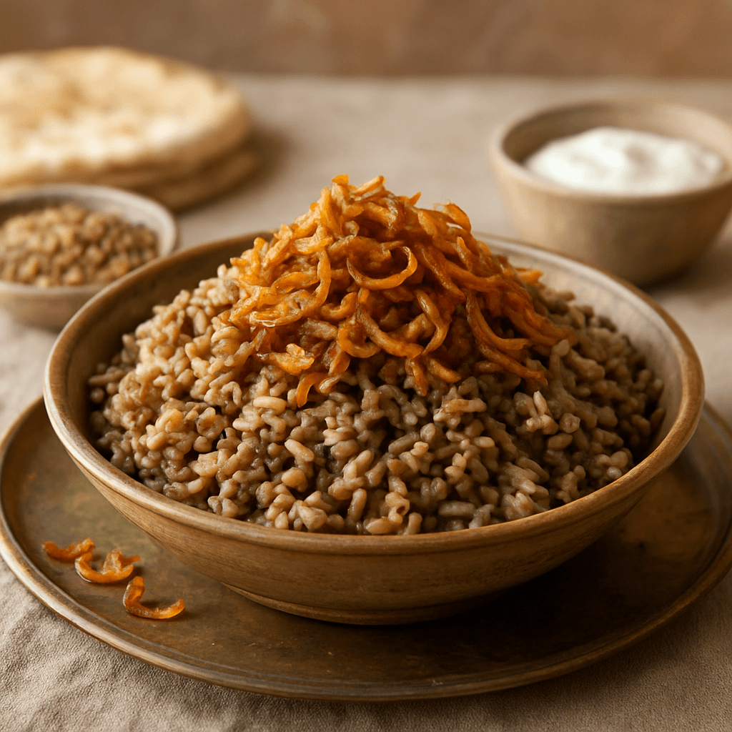 Mujaddara libanaise : lentilles, riz et oignons frits